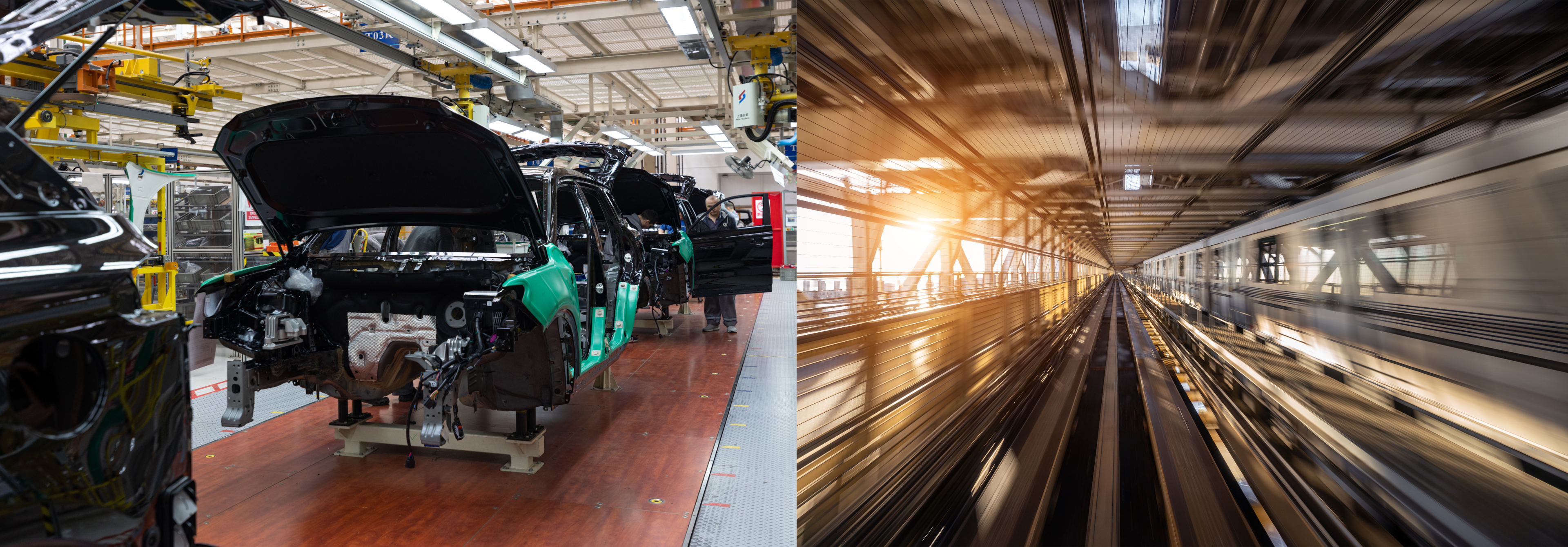 Chaîne de production automobile avec véhicules en cours d’assemblage à gauche et train en mouvement dans un tunnel à grande vitesse à droite, représentant les secteurs automobile et ferroviaire de la mobilité terrestre.