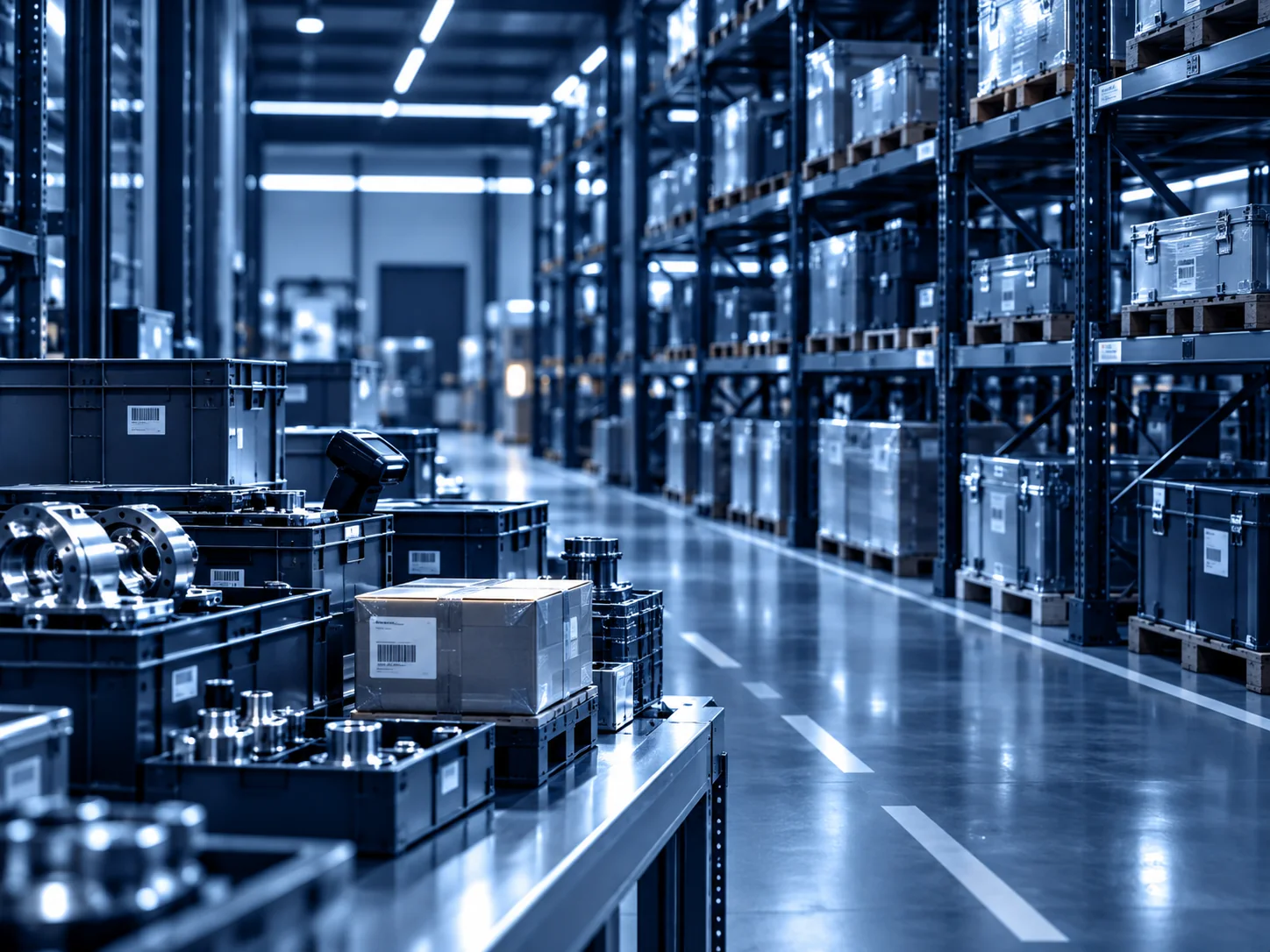 Entrepôt industriel : rayonnages, bacs de pièces et allée logistique