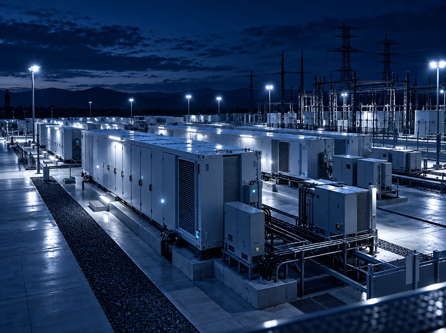 Poste électrique et modules d’équipements sur un site industriel, de nuit