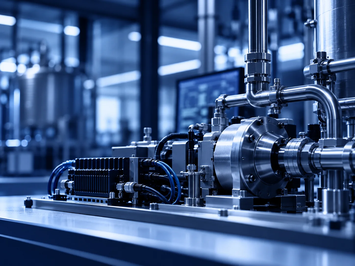 Groupe motopompe et tuyauteries sur une installation industrielle