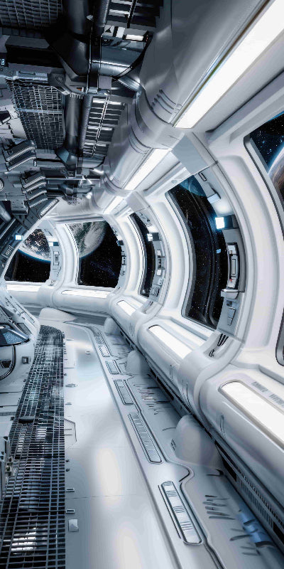 Couloir futuriste d’une station spatiale avec vue sur la Terre et l’espace, représentant le secteur aérospatial et l’exploration technologique.