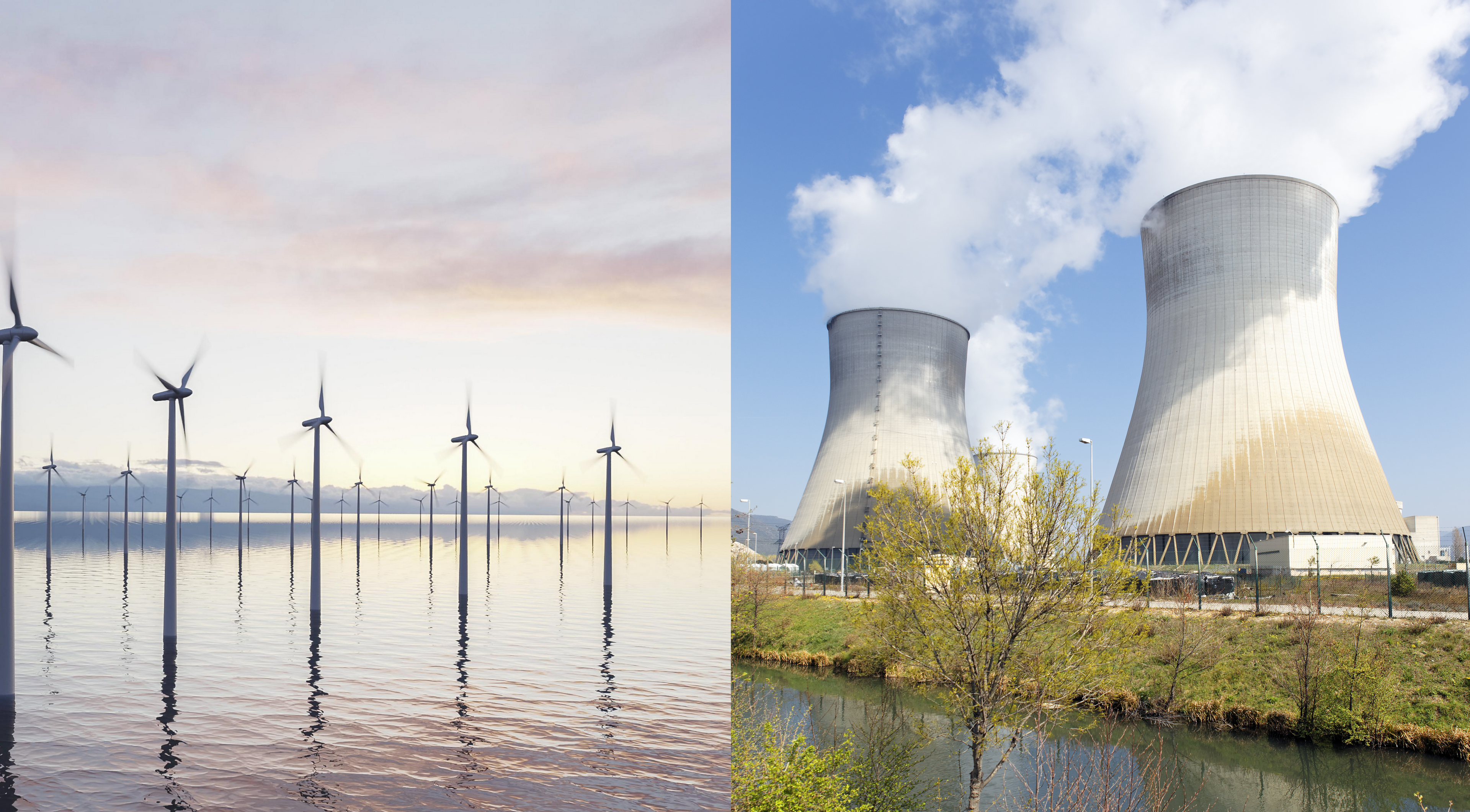 Parc d’éoliennes en mer au coucher du soleil à gauche et centrales nucléaires avec tours de refroidissement à droite, représentant deux sources d’énergie.